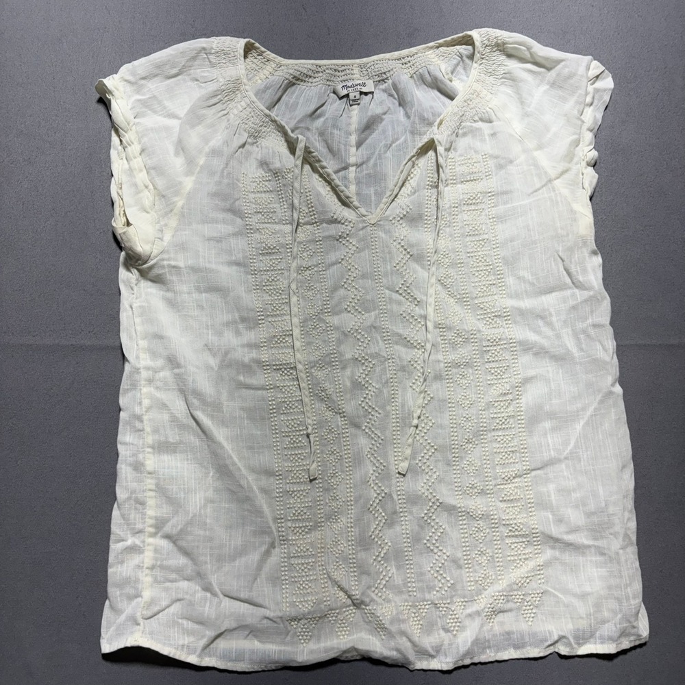 Madewell Organic Cotton Embroidered Peasant Blouse White Cap Sleeve S